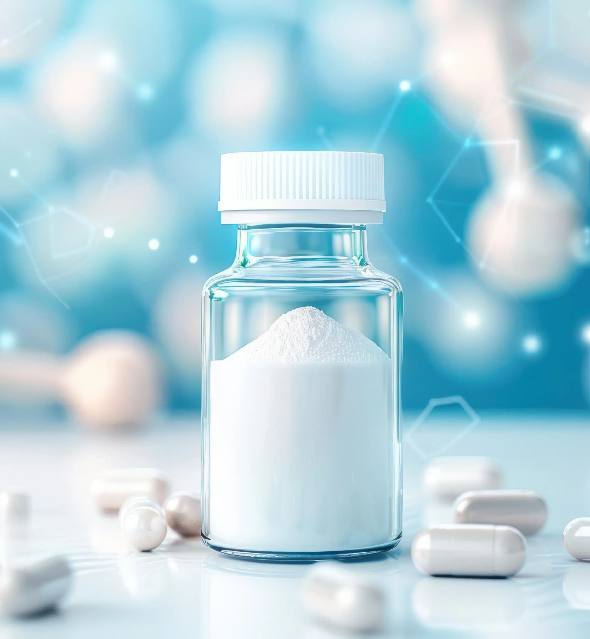 Close-up of peptide supplement vial and capsules symbolizing regenerative peptide therapy