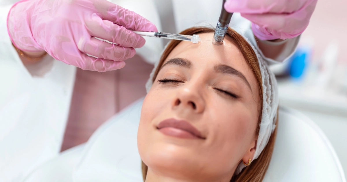 Woman receiving PRP with Microneedling treatment on forehead in Sandy UT clinic