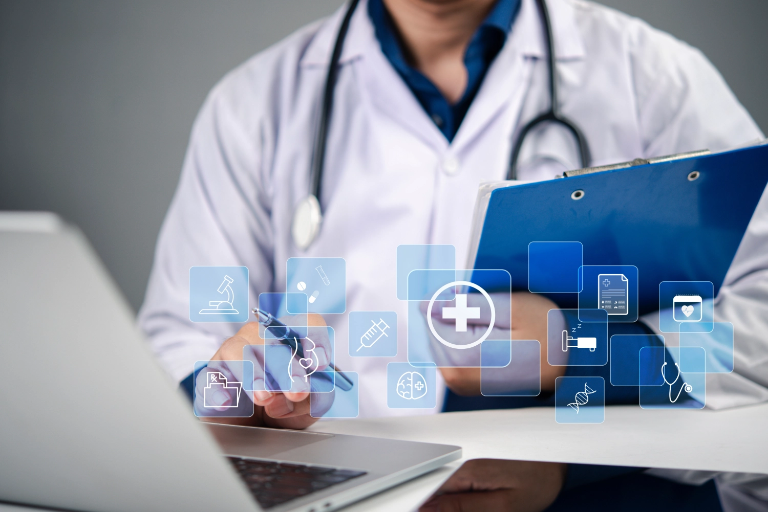 Doctor using digital health interface for longevity and preventive care